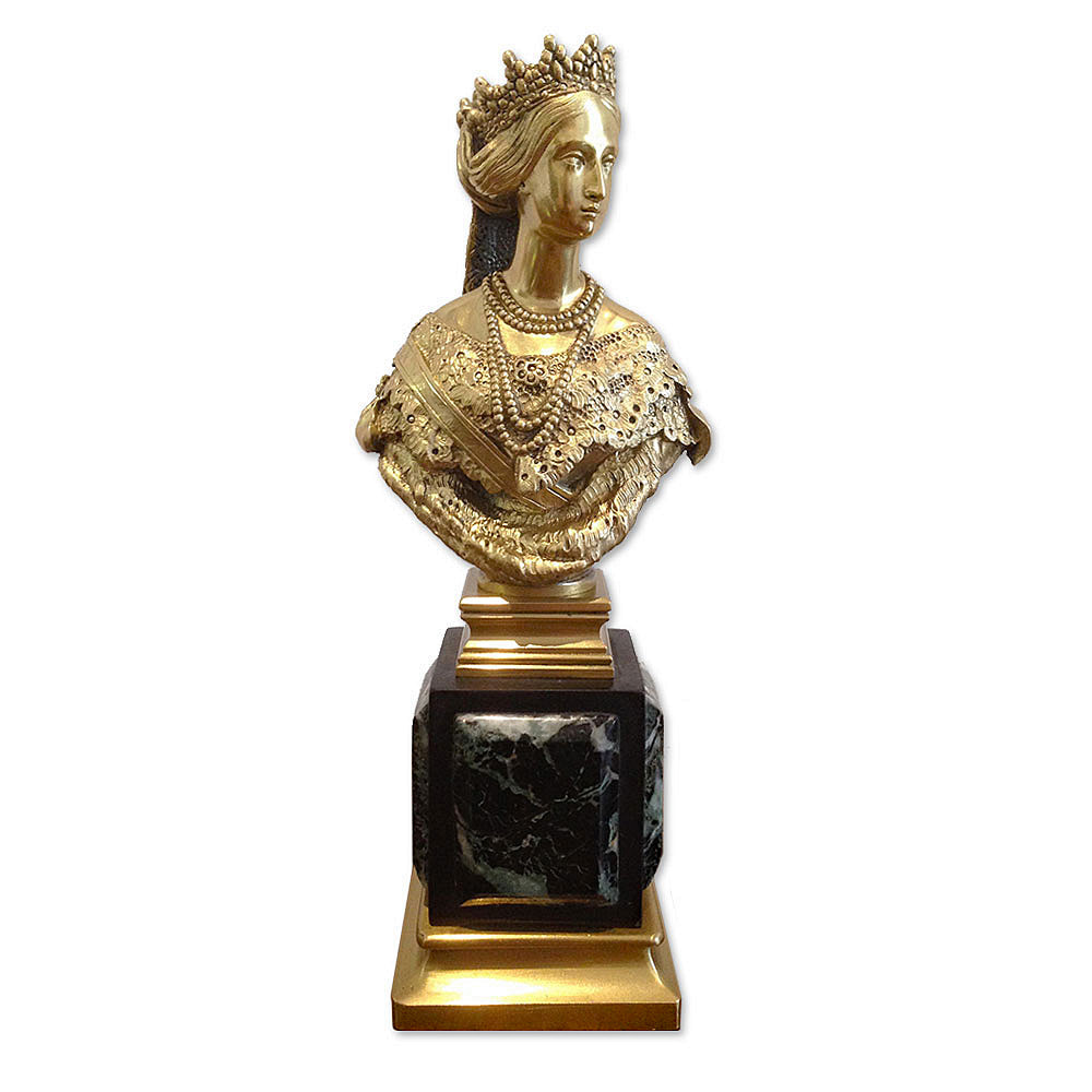 Gilded statuette of Empress Eugenie, cast in silver and plated in 24k gold, on a marble base, exquisitely restored by Chelsea Plating Company, showcasing its imperial elegance and charm.