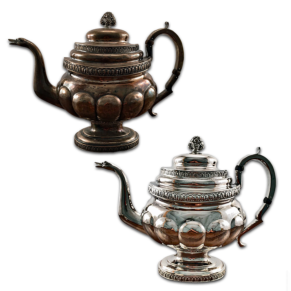 Elegantly restored antique sterling silver teapot by professional metal polishing services, showcasing a brilliant finish.