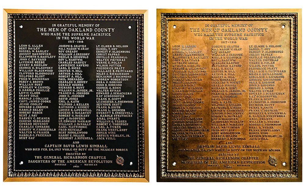 Large bronze World War I memorial plaque, restored by Chelsea Plating Company, revitalizing its historical significance and honoring the sacrifices of those who served, with devoted attention to detail.