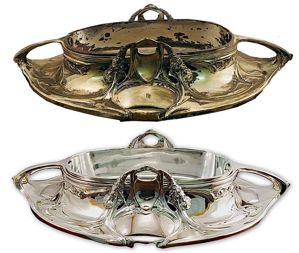 Splendidly restored art nouveau style sterling silver centerpiece by Chelsea Plating Company, expertly polished and straightened, now embodying refined craftsmanship and timeless elegance.