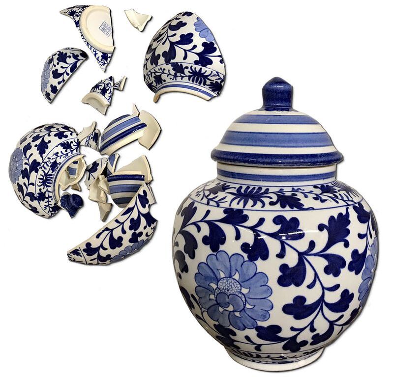Restored ceramic vase with lid by Chelsea Plating Company, expertly repaired to display renewed elegance, embodying a seamless blend of artistry and restoration skill, symbolizing their mastery in fine china and ceramic repair..