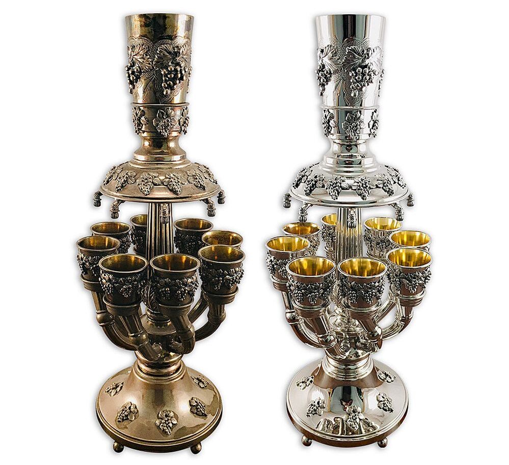 Antique sterling silver Judaica wine fountain before and after restoration with gold-plated cups by Chelsea Plating Company.