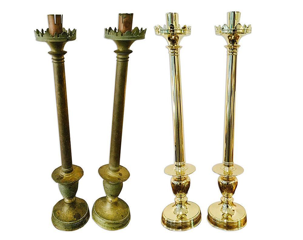 Antique brass candleholders before and after professional restoration by Chelsea Plating Company.