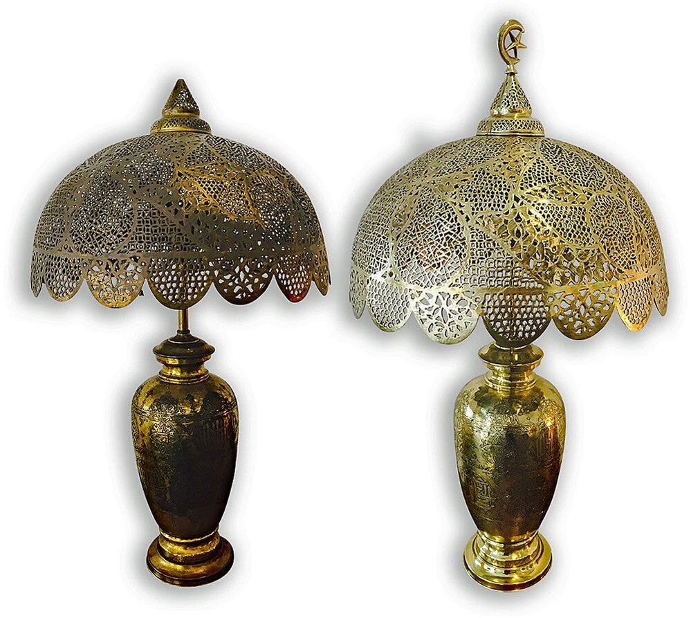 Brass table lamp restoration before and after photos.