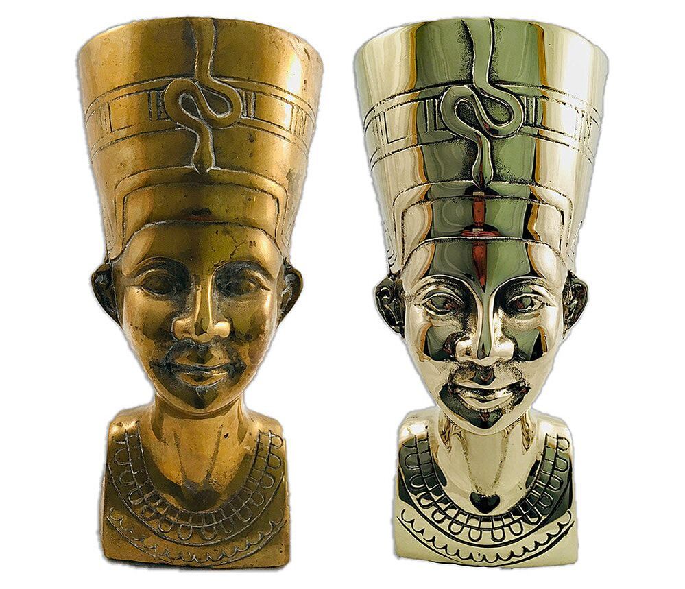Brass bust of Nefertiti before and after restoration by Chelsea Plating Company.
